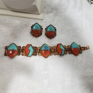 Faux copper turqouise and coral bracelet and earrings 1.1460